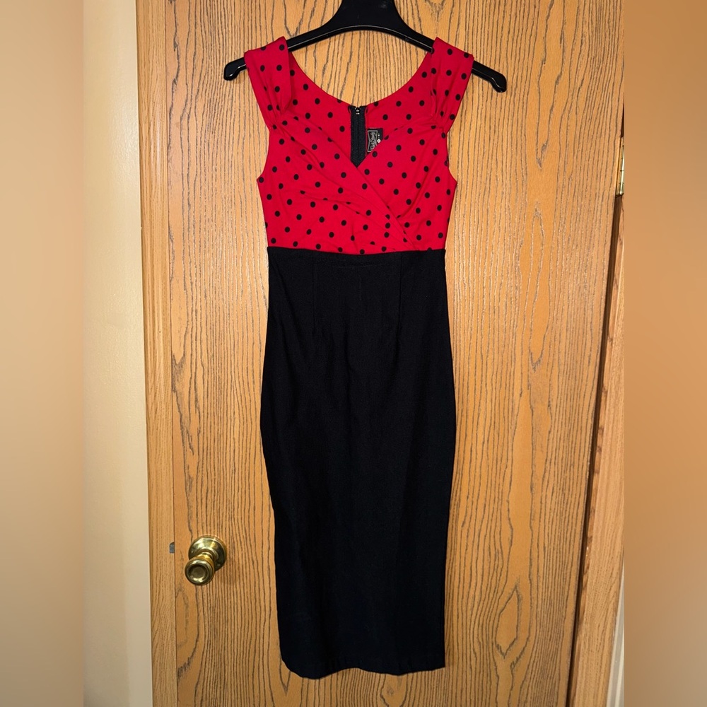 Red and Black pencil Polka Dot business Dress